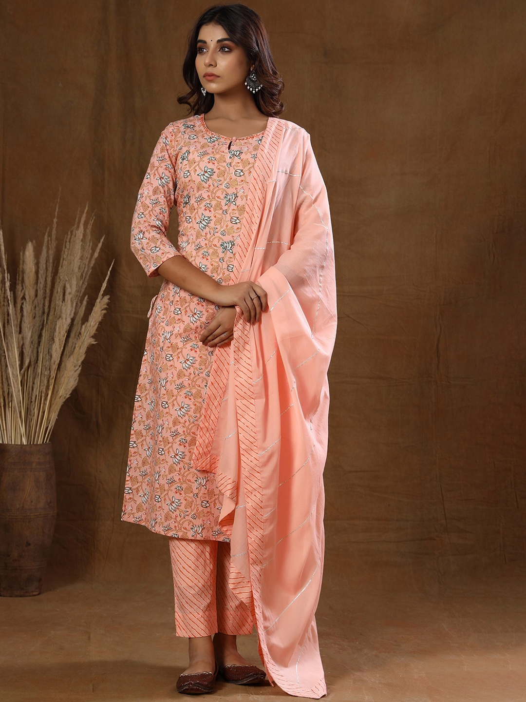 

KAAJH Women Pink Ethnic Motifs Printed Sequinned Pure Cotton Kurta with Trousers & With Dupatta