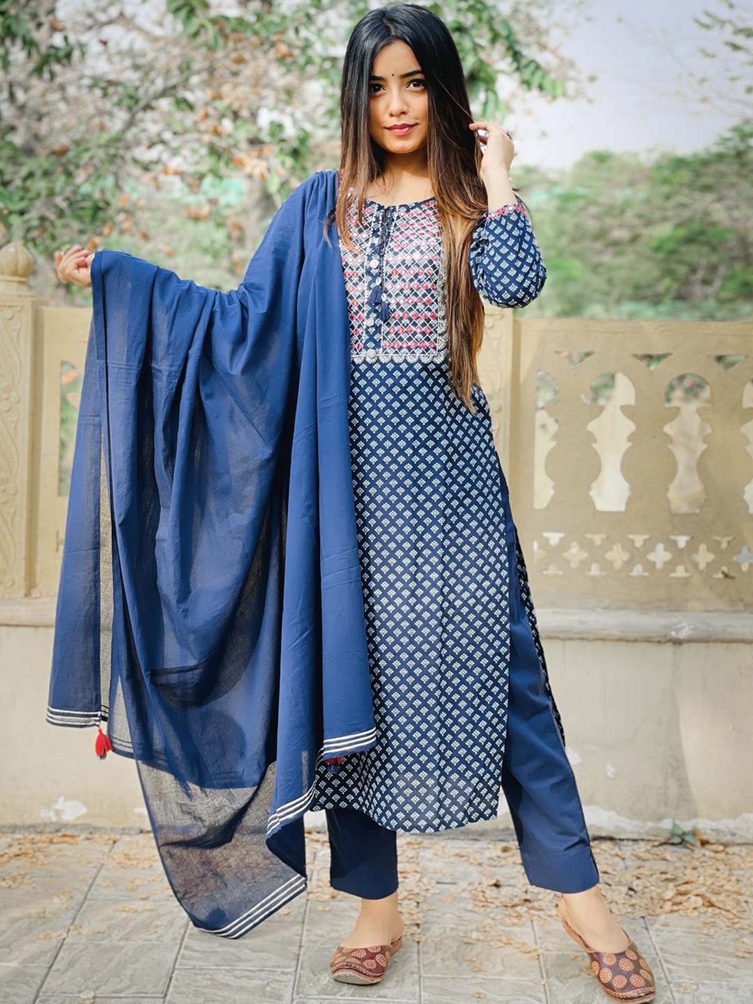 

KAAJH Women Blue Ethnic Motifs Printed Mirror Work Pure Cotton Kurta with Trousers & With Dupatta