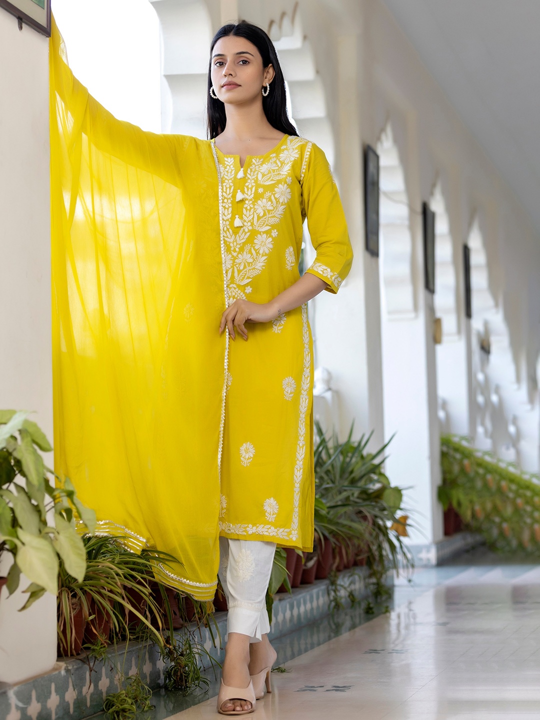 

KAAJH Women Yellow Floral Embroidered Chikankari Pure Cotton Kurta with Trousers & Dupatta