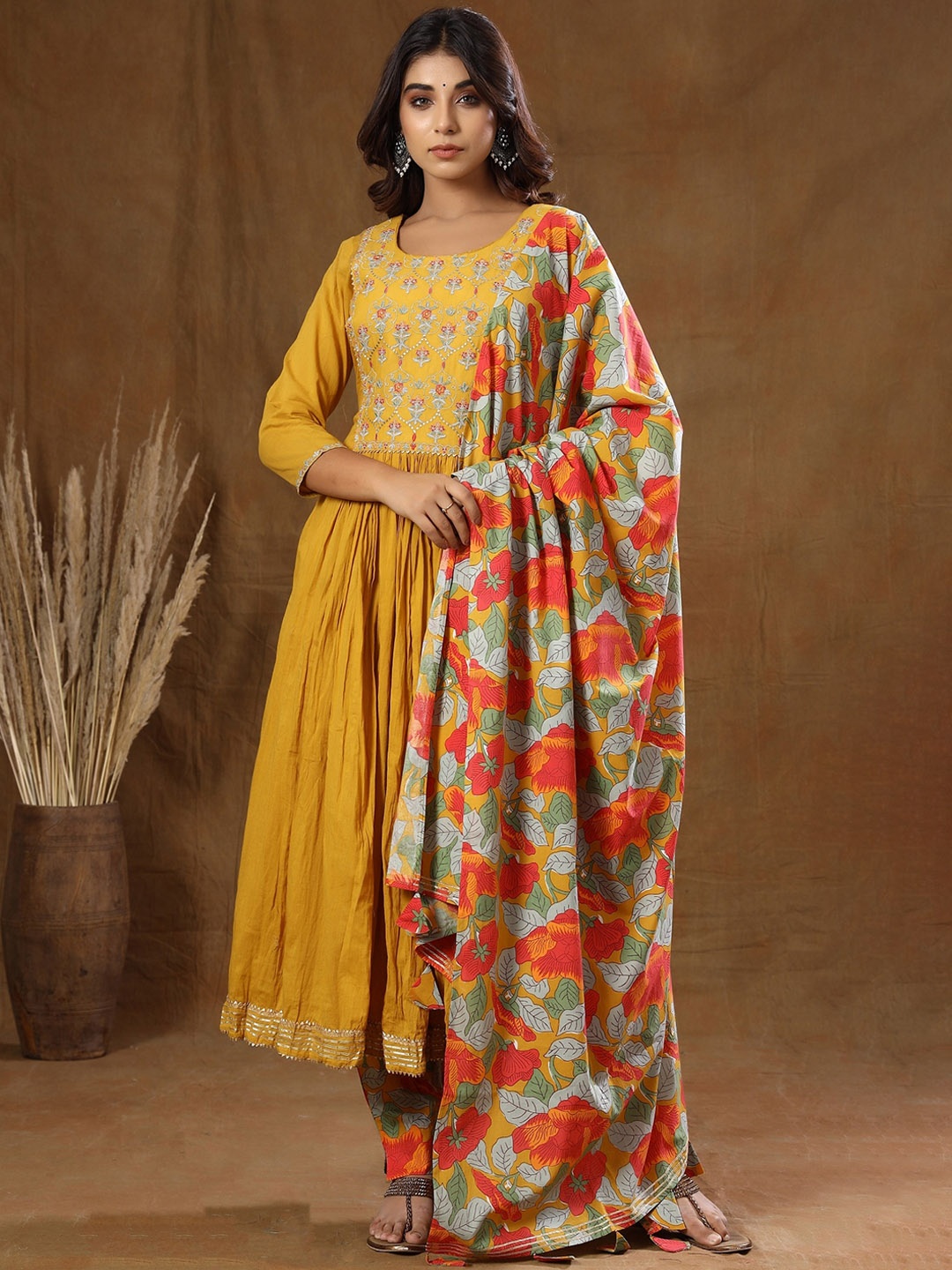 

KAAJH Women Yellow Ethnic Motifs Embroidered Cotton Kurta with Trousers & With Dupatta