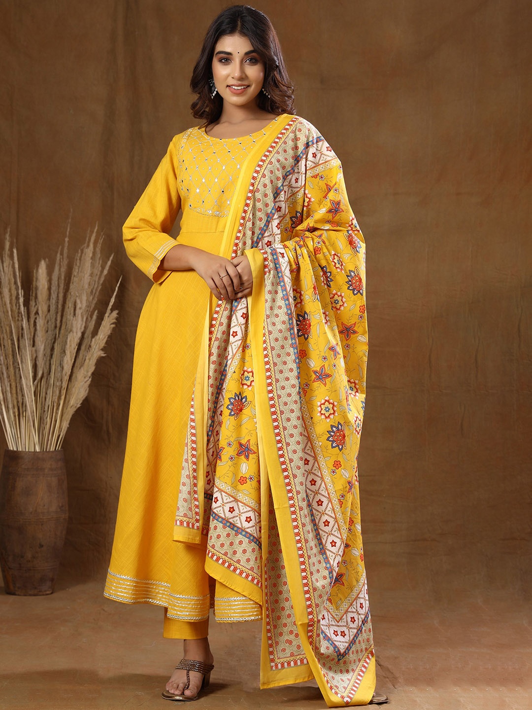 

KAAJH Women Yellow Empire Gotta Patti Pure Cotton Kurta with Trousers & With Dupatta