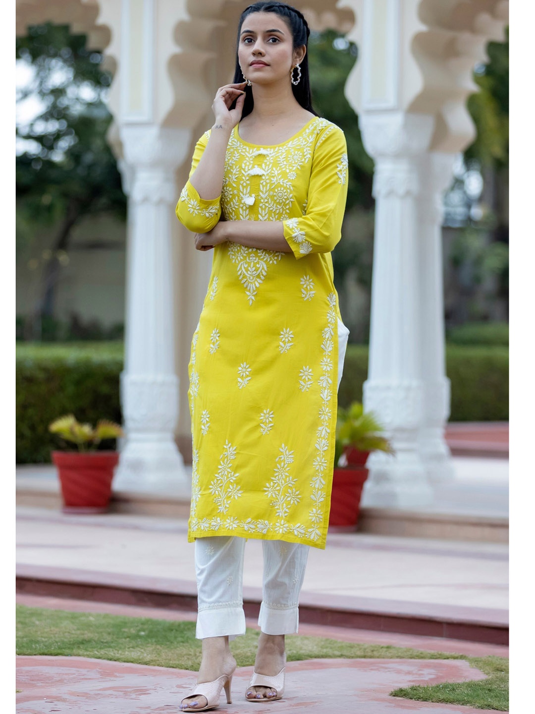 

KAAJH Women Yellow Embroidered Chikankari Pure Cotton Kurta with Trousers & With Dupatta