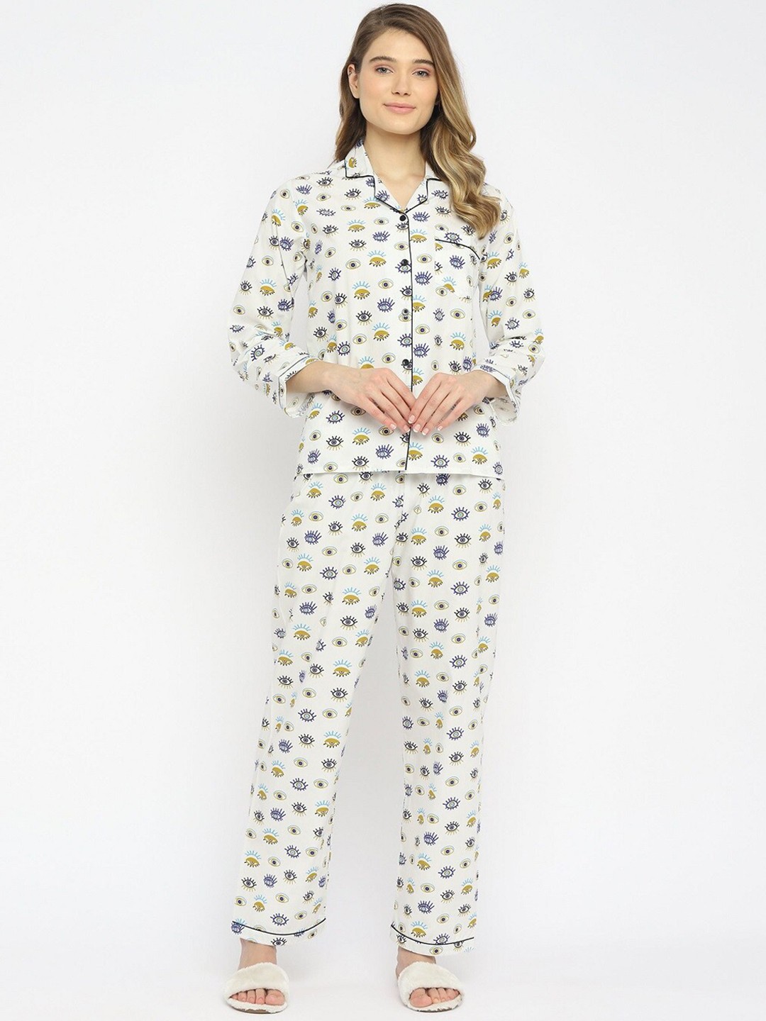 

shopbloom Women White & Blue Printed Night suit