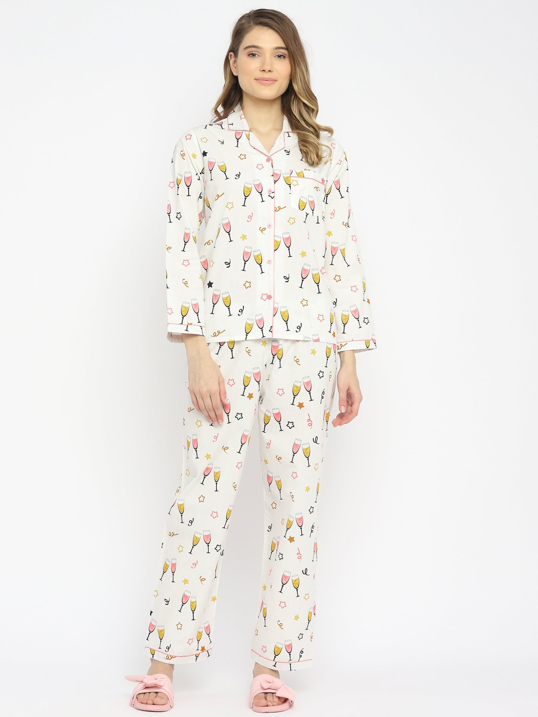 

shopbloom Women White Printed Cotton Night Suit