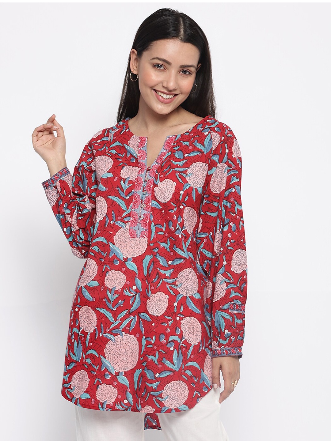 

Fabindia Women Cotton Red & Blue Floral Printed Tunic
