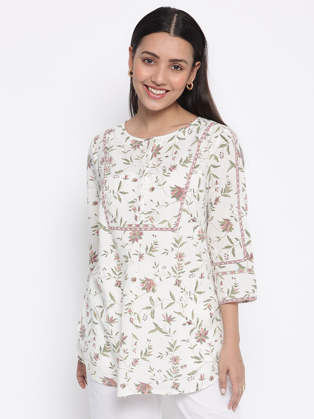 

Fabindia Women Cotton White & Green Floral Printed Tunic