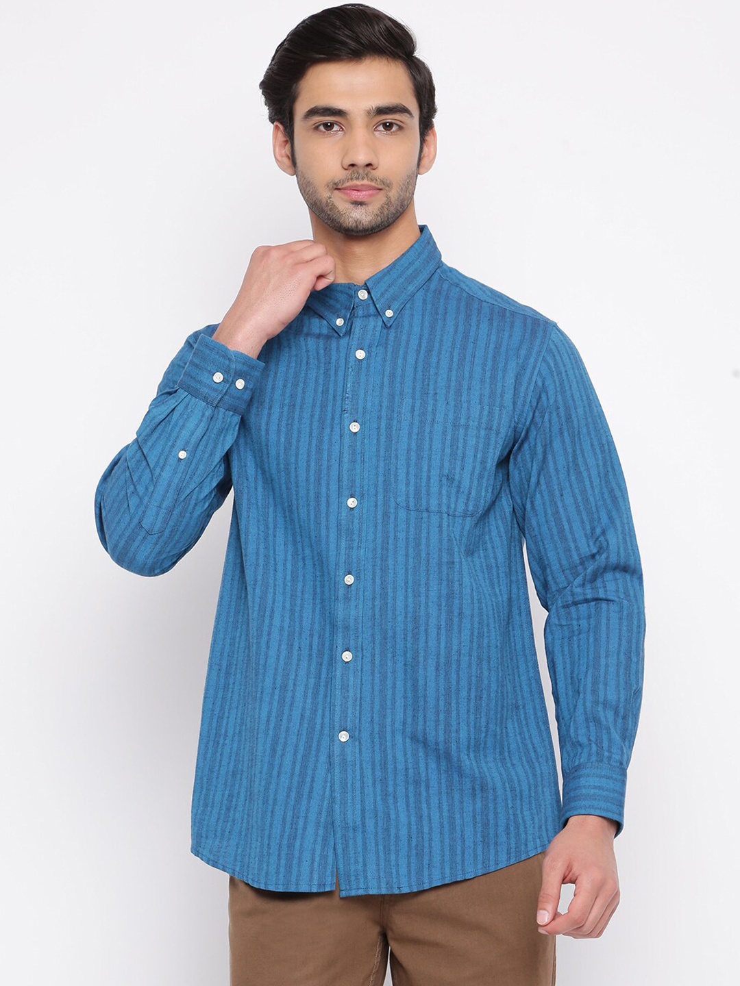 

Fabindia Men Blue Striped Button-Down Collar Cotton Casual Shirt