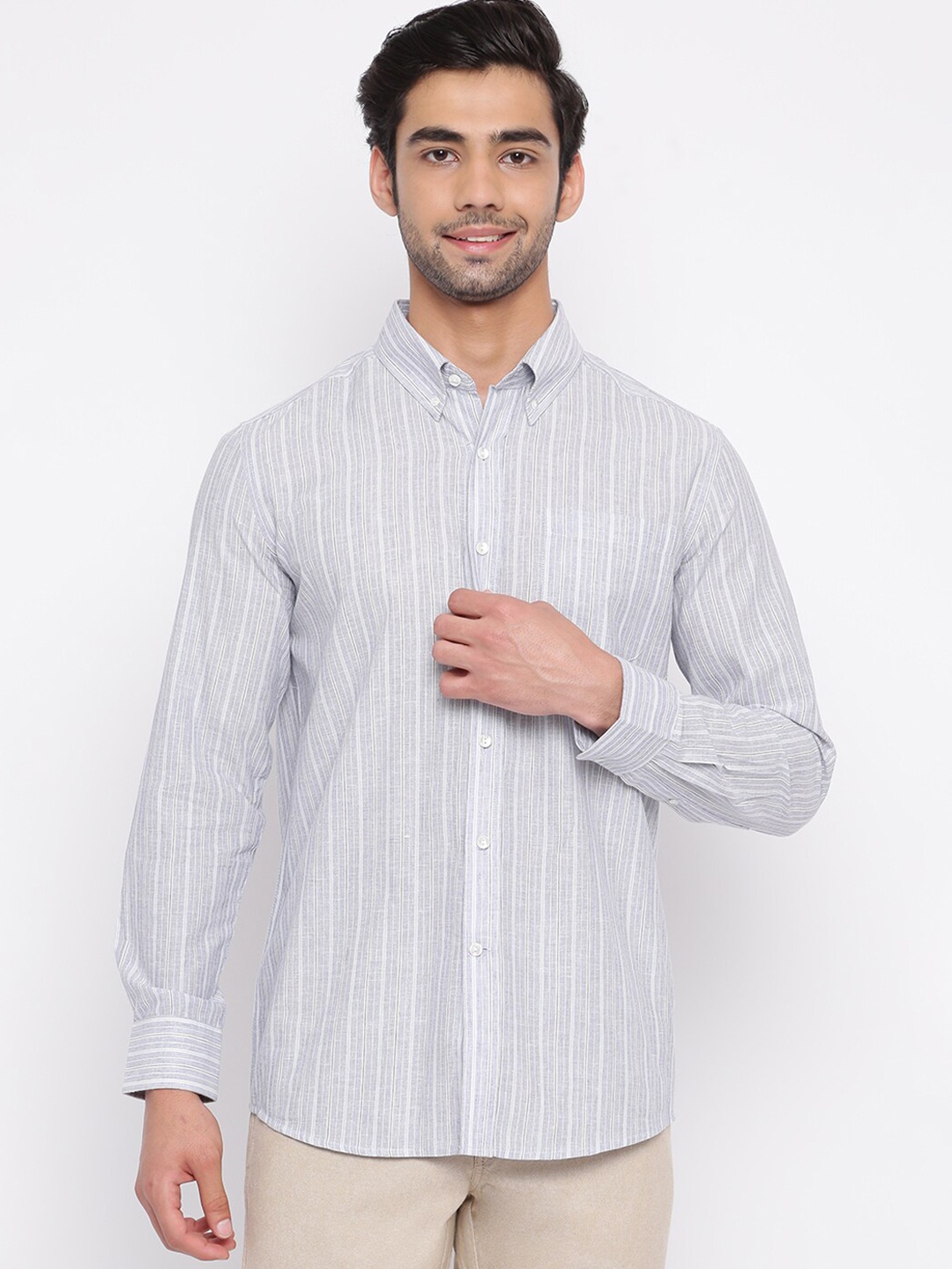

Fabindia Men White & Grey Striped Button-Down Collar Cotton Casual Shirt