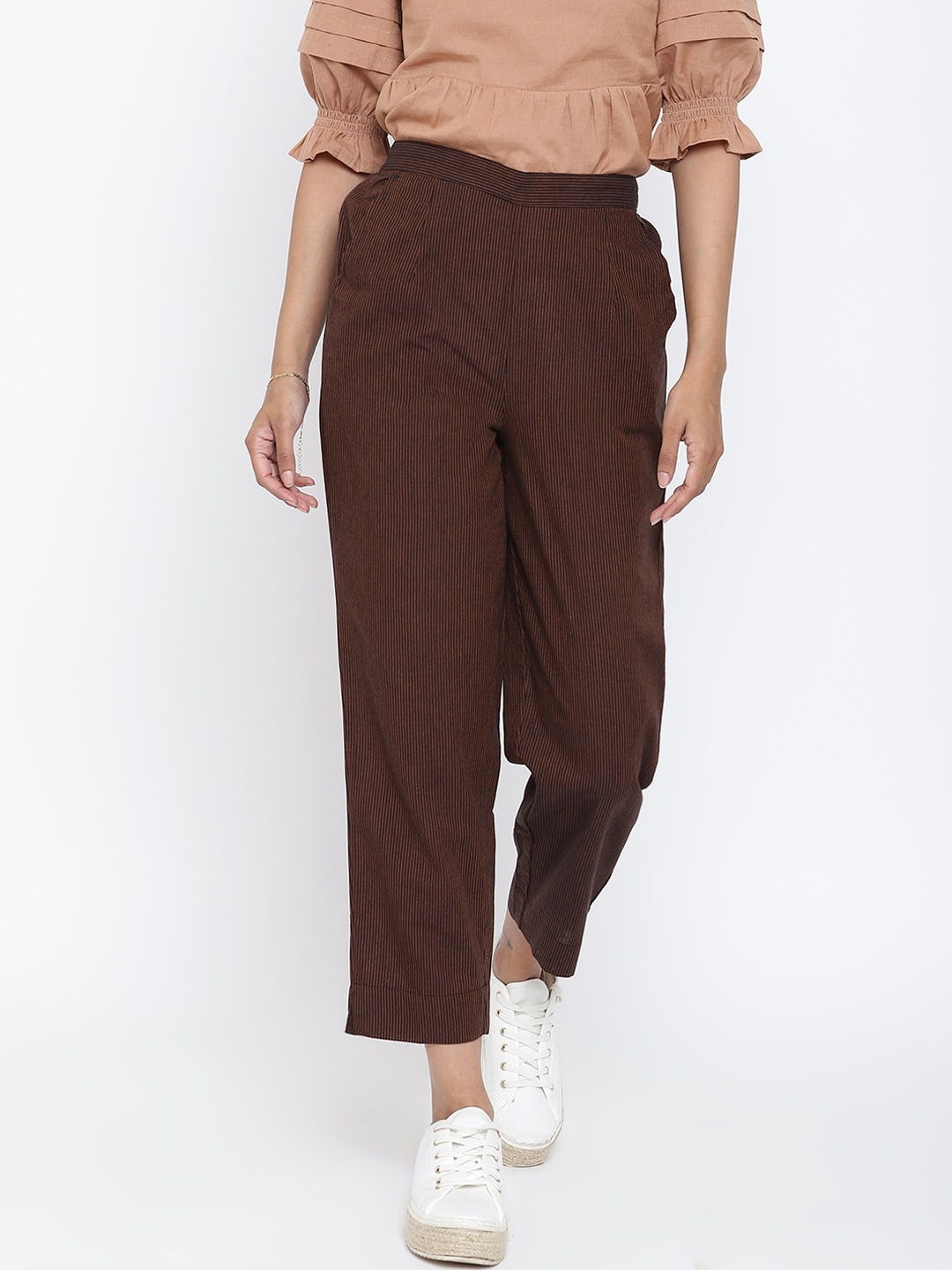 

Fabindia Women Brown Yellow Striped Cropped Cotton Trousers