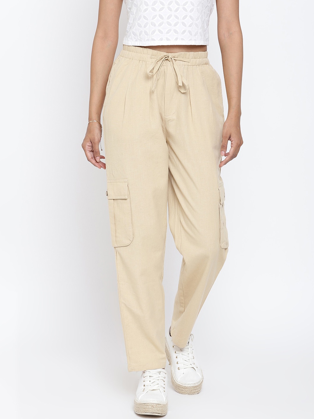 

Fabindia Women Beige Cotton Cargos Trousers