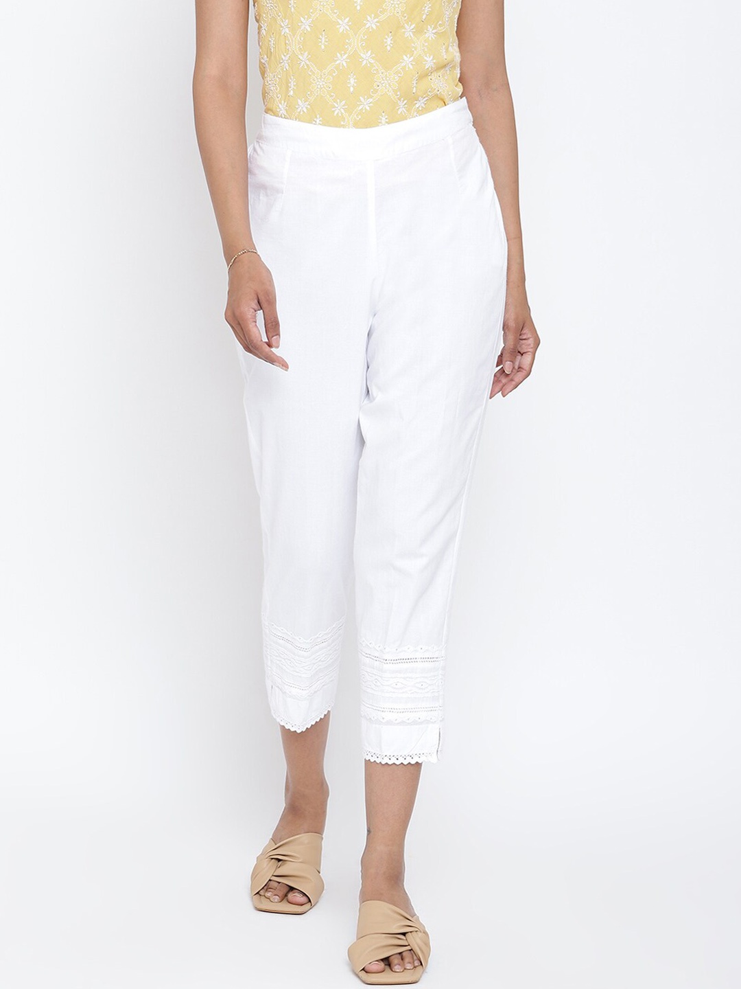 

Fabindia Women White Embroidered Pleated Trousers