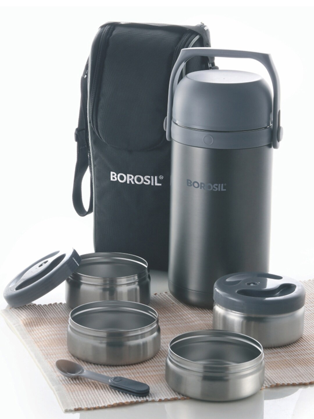 

BOROSIL Hot-N-Fresh Grey Stainless Steel Insulated Lunch Box With Bag