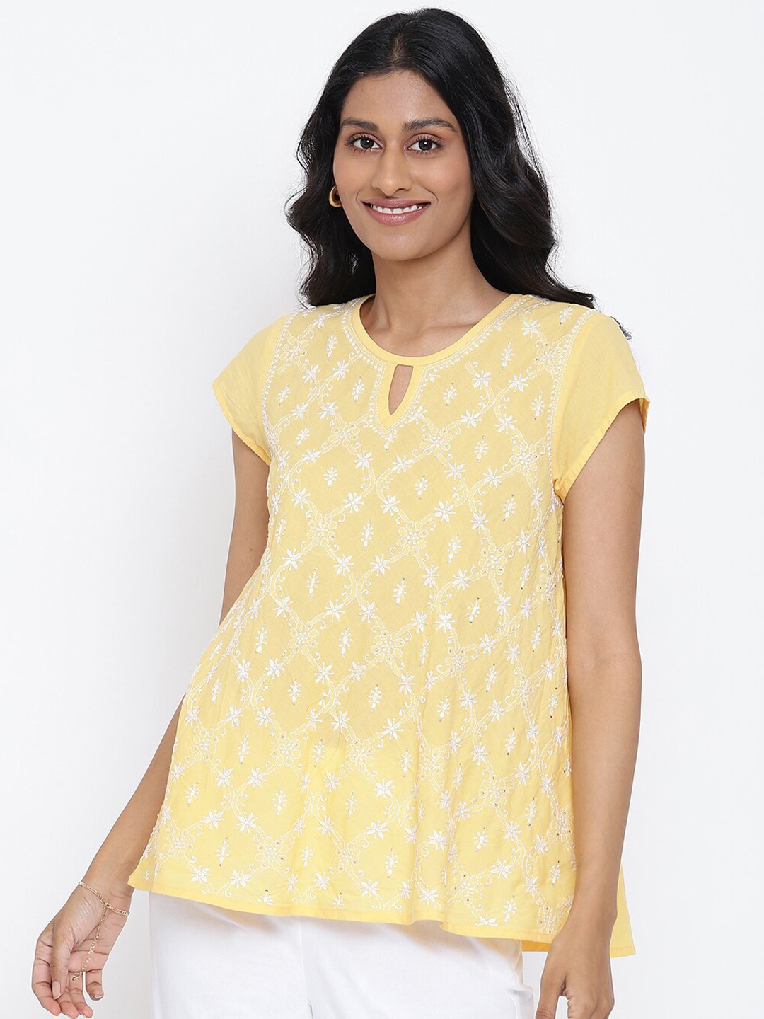 

Fabindia Yellow Floral Embroidered Keyhole Neck Top