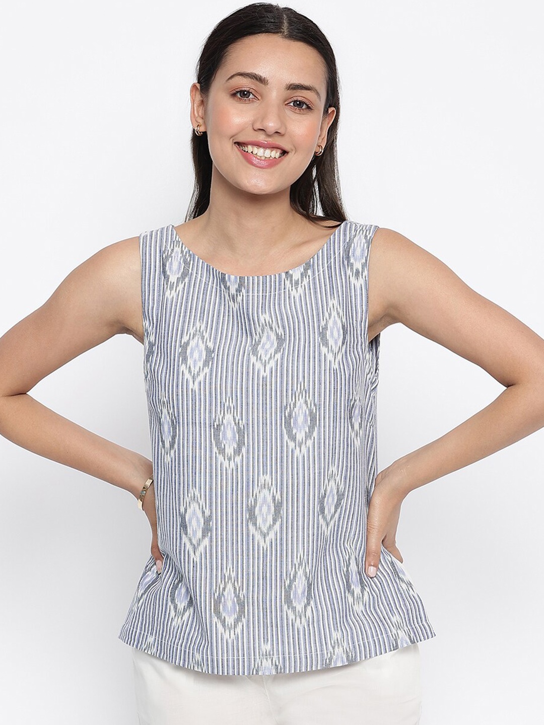 

Fabindia White & Blue Striped Cotton Top