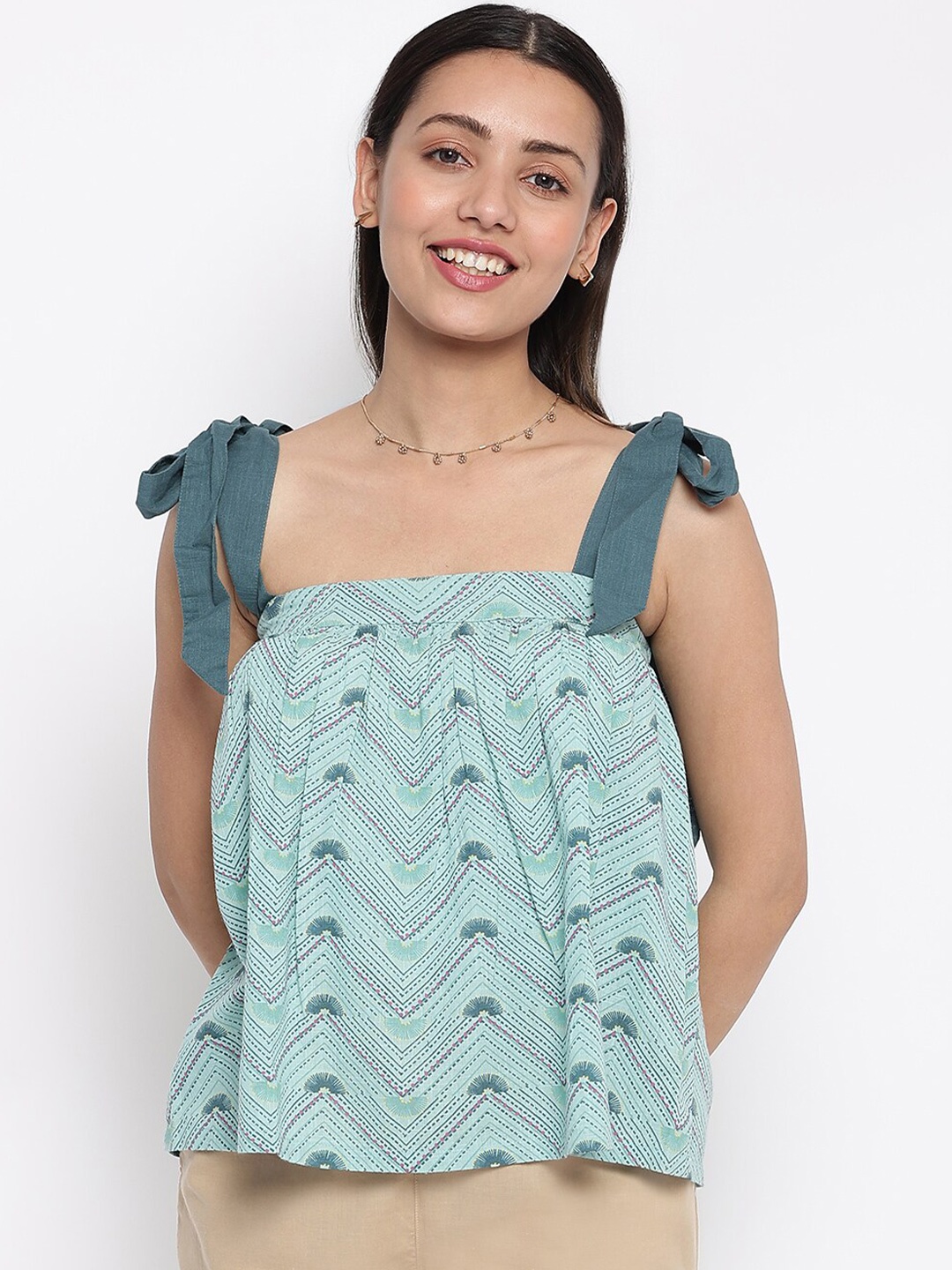 

Fabindia Teal Green Print Shoulder Straps Top