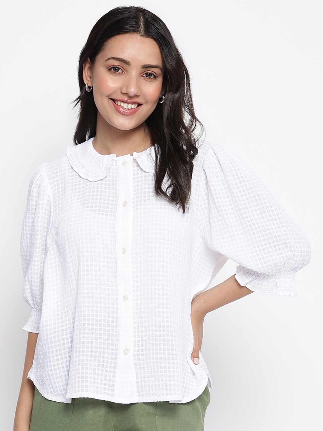 

Fabindia White Checked Peter Pan Collar Pure Cotton Shirt Style Top