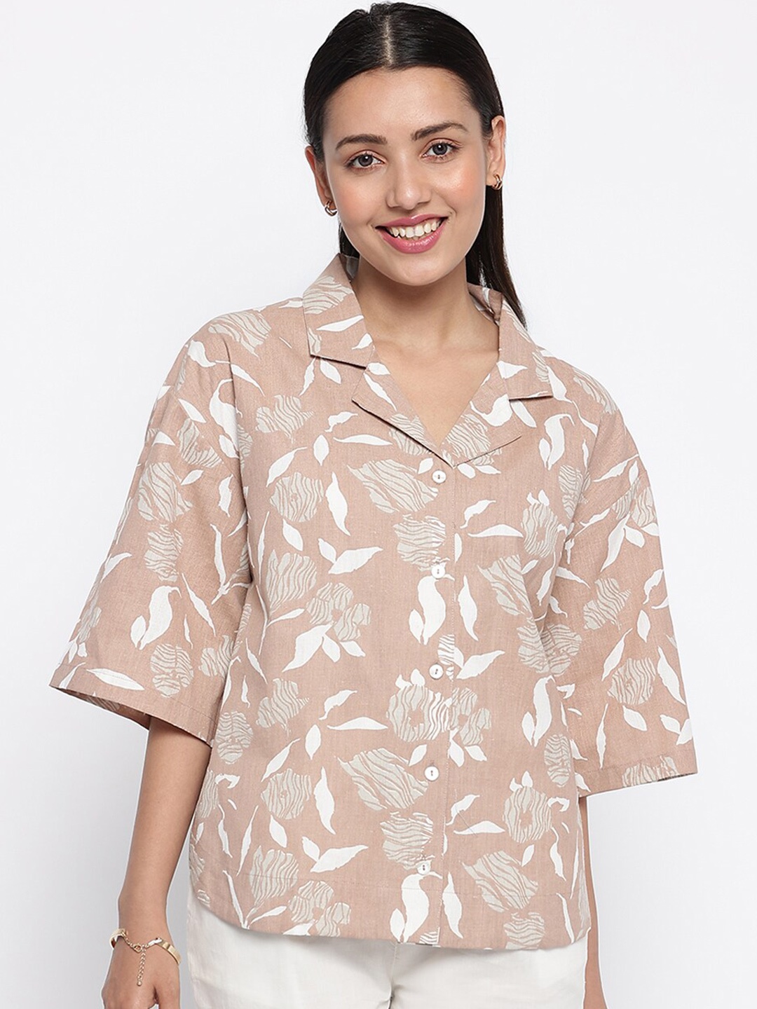 

Fabindia Brown Floral Print Shirt Style Top