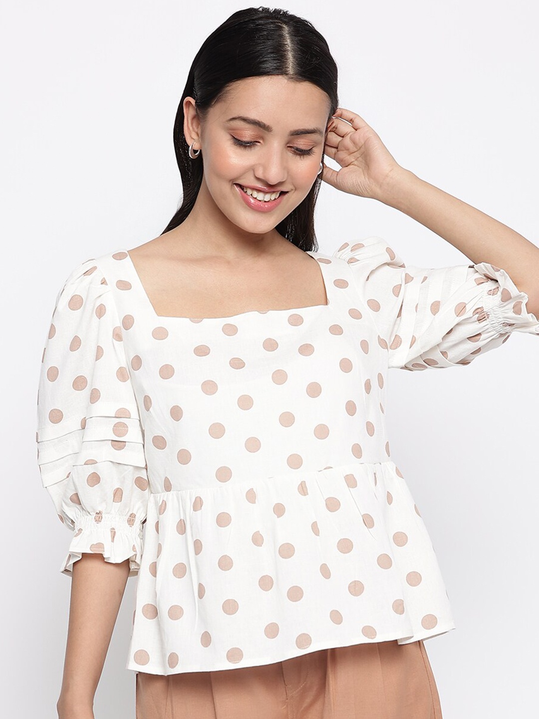 

Fabindia White & Taupe Print Cotton Linen Top