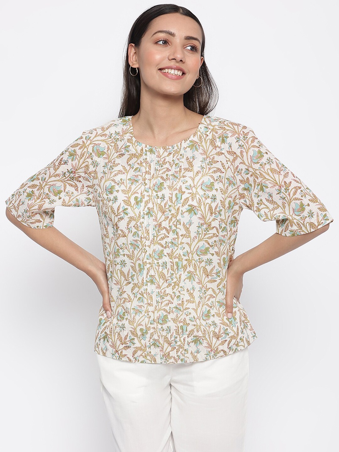 

Fabindia Green Floral Print Top