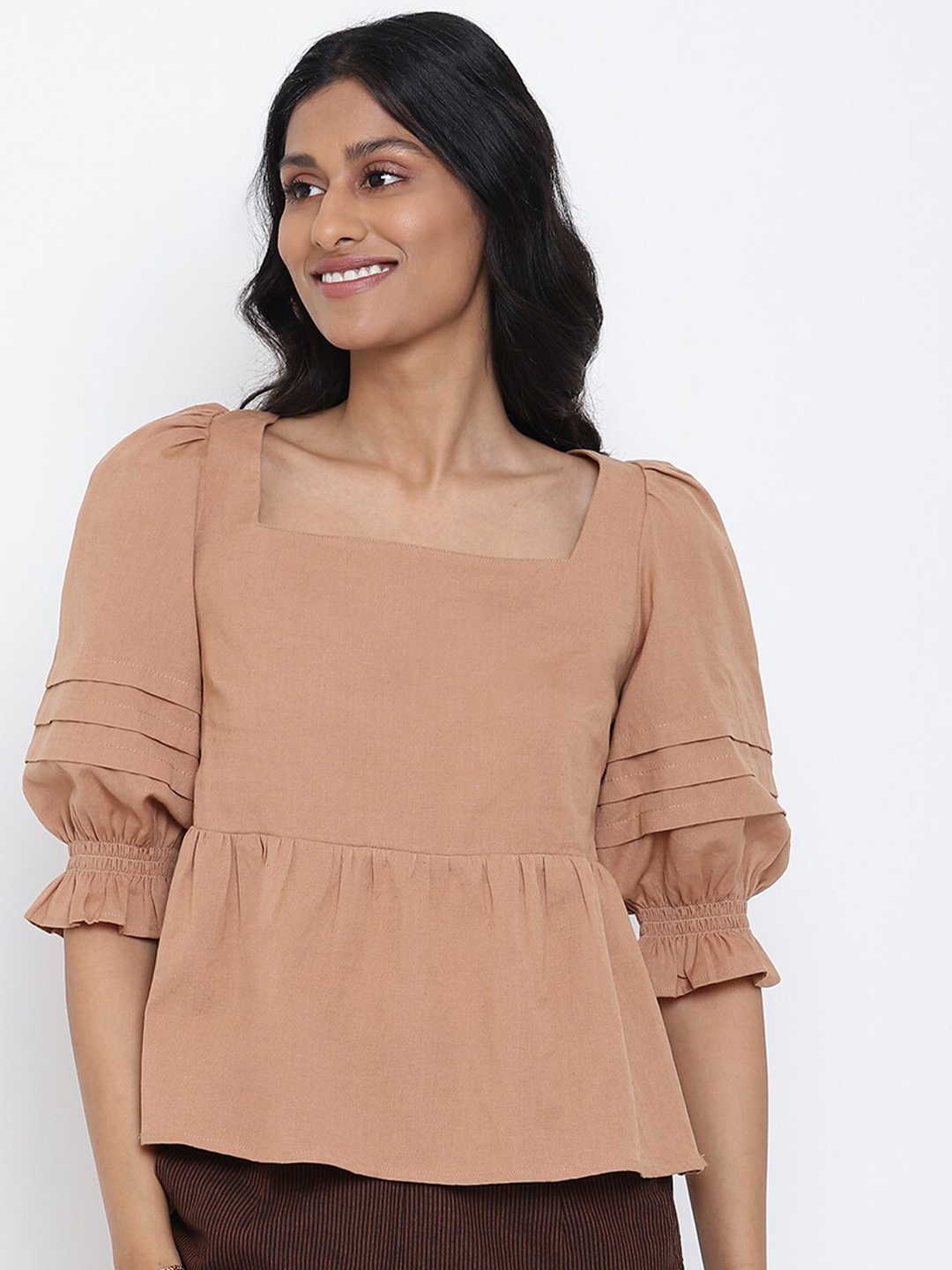 

Fabindia Women Brown Peplum Top