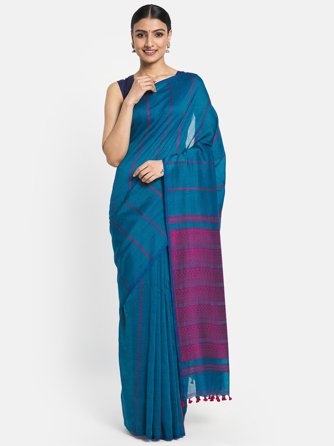 

Fabindia Teal & Purple Striped Pure Cotton Saree