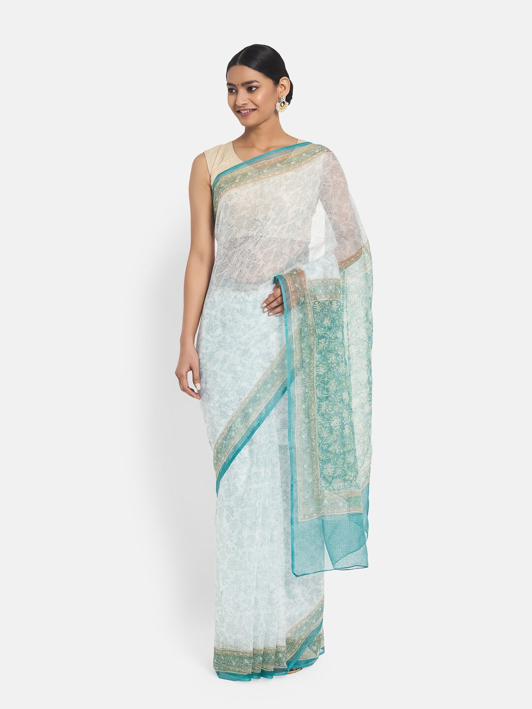 

Fabindia Blue & White Floral Silk Cotton Ready to Wear Saree