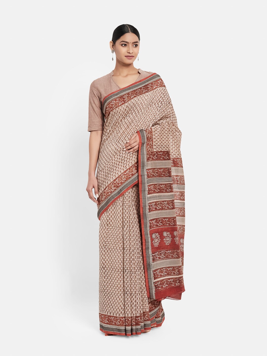 

Fabindia Maroon & Beige Ethnic Motifs Silk Cotton Saree
