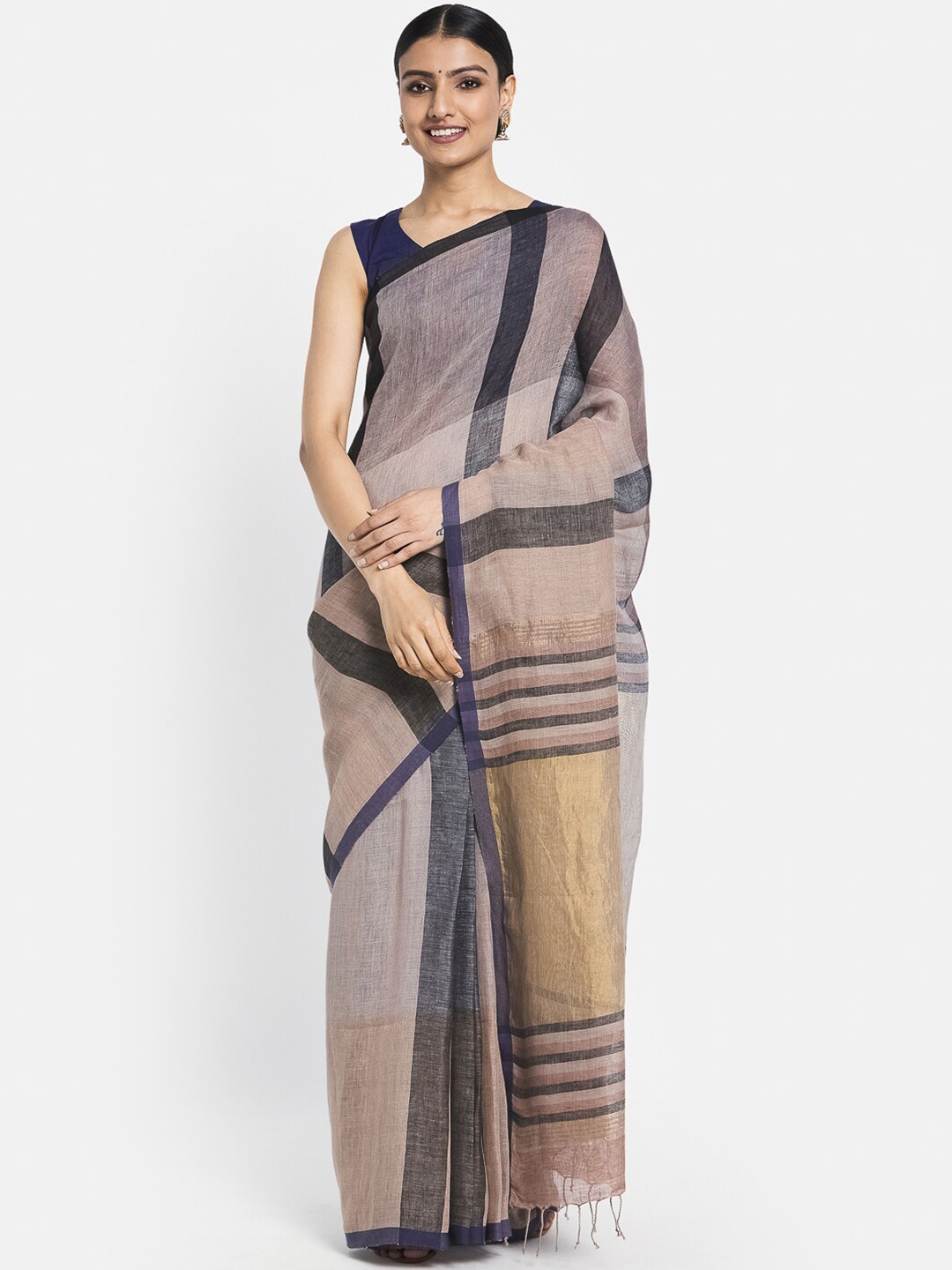 

Fabindia Grey & Navy Blue Striped Pure Linen Saree