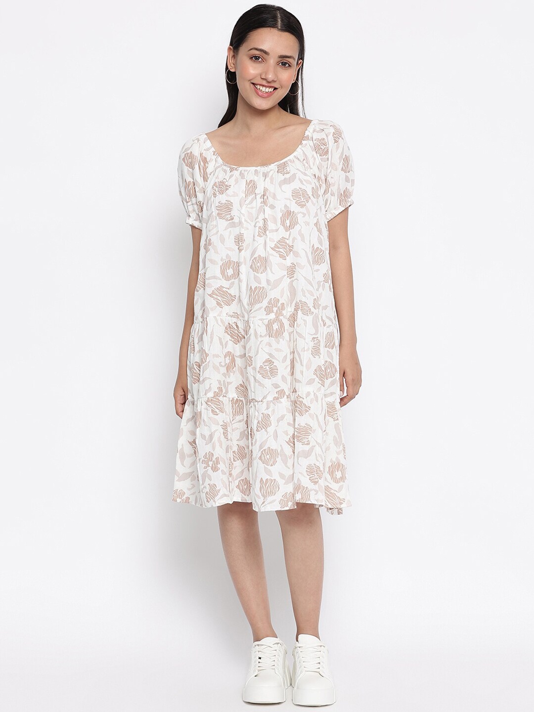 

Fabindia Women Off White Floral Printed Cotton A-Line Midi Dress