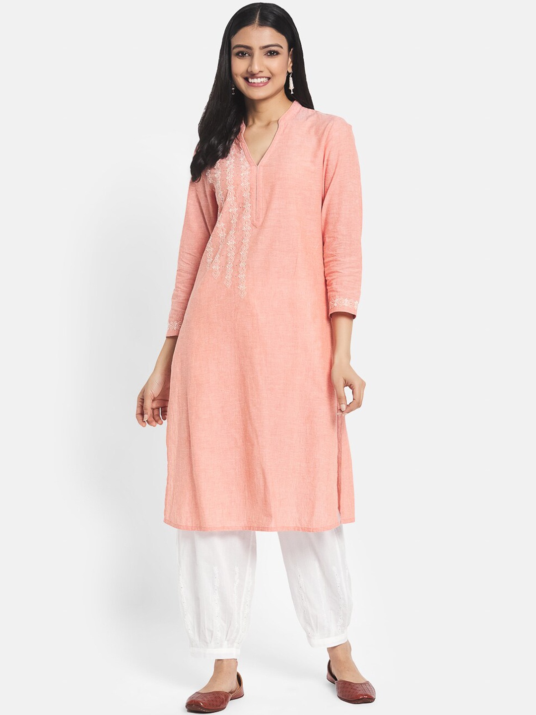 

Fabindia Women Orange Embroidered Cotton Kurta