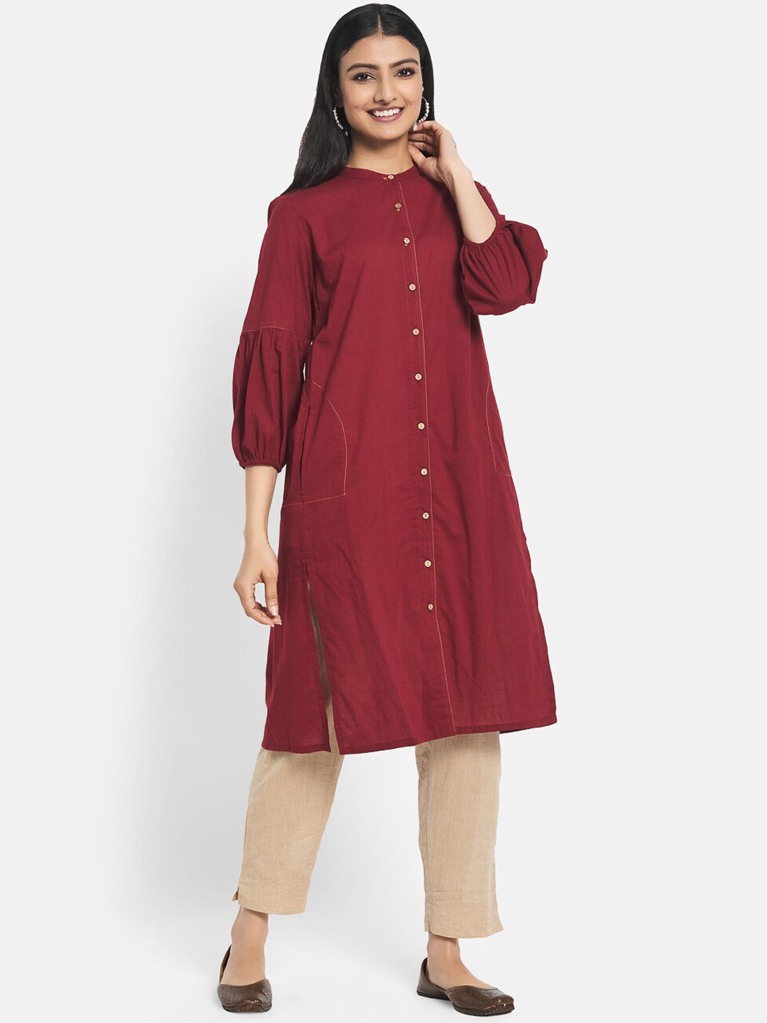 

Fabindia Women Maroon Cotton Straight Kurta