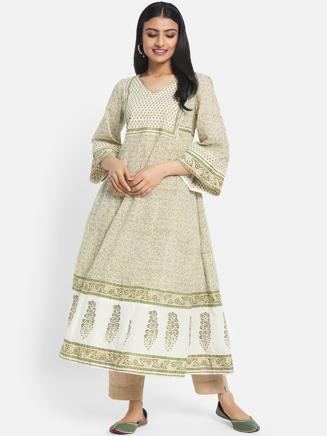 

Fabindia Women Beige Floral Printed Cotton Anarkali Kurta