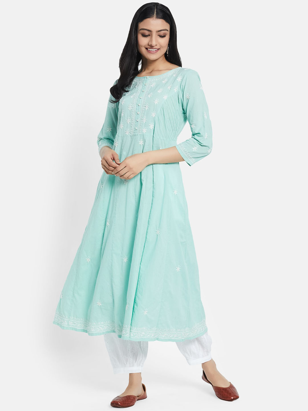 

Fabindia Women Sea Green & White Chikankari Embroidered Cotton Anarkali Kurta