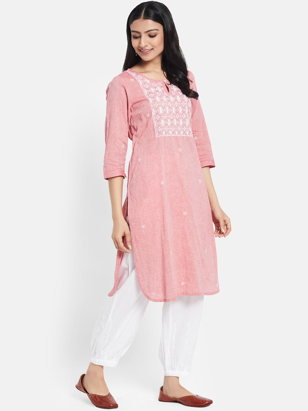 

Fabindia Women Pink & White Ethnic Motifs Embroidered Cotton Kurta