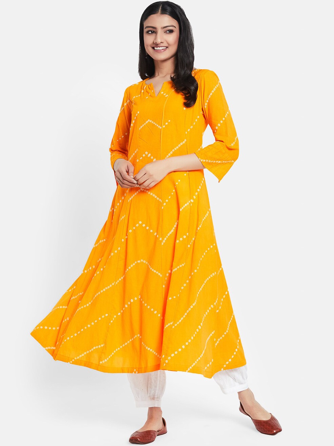 

Fabindia Women Yellow & White Bandhani Dyed Anarkali Kurta