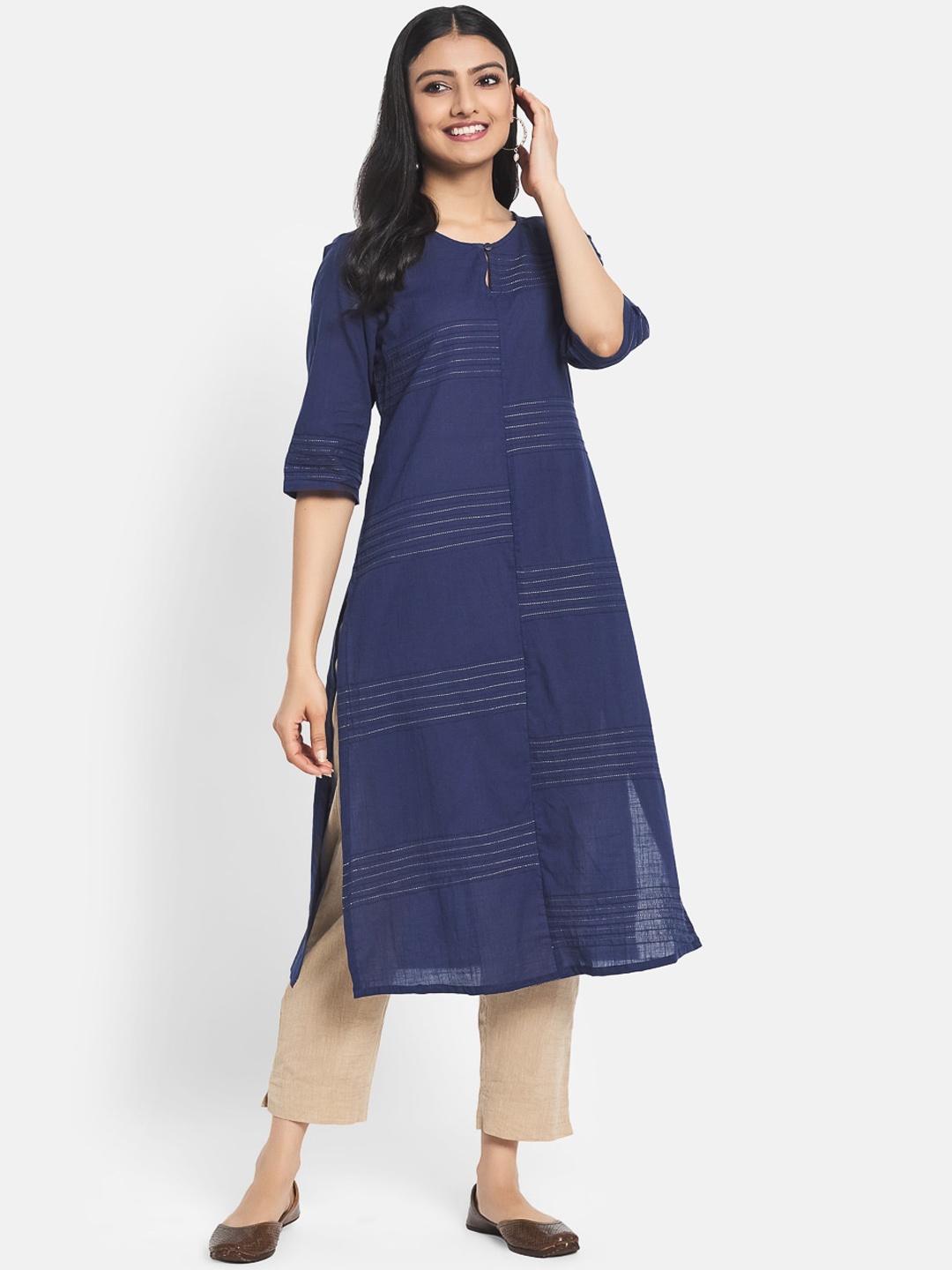 Fabindia Women Navy Blue Striped Keyhole Neck Thread Work Kurta
