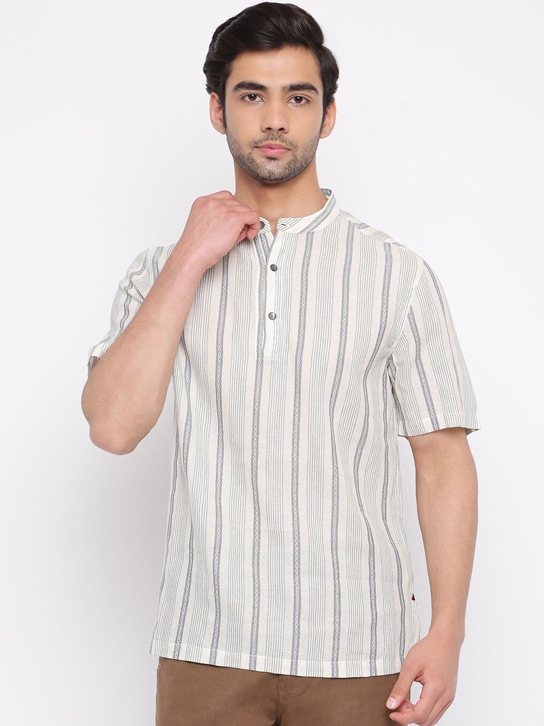 

Fabindia Men Beige & Grey Printed Cotton Kurta