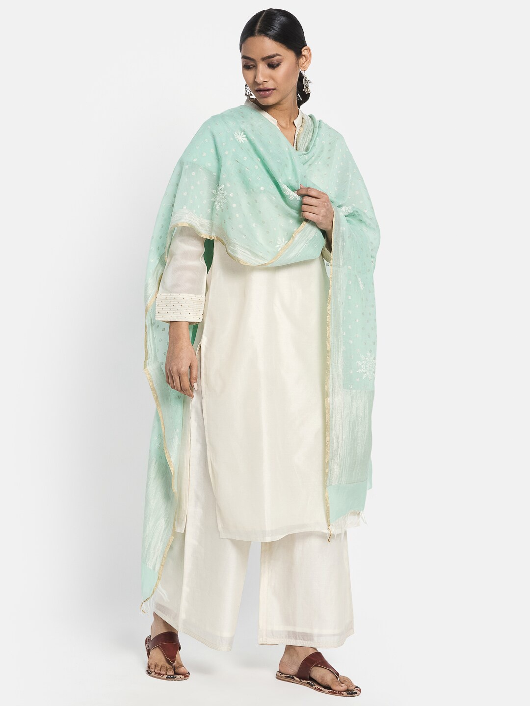 

Fabindia Blue & Beige Embroidered Cotton Silk Dupatta with Thread Work