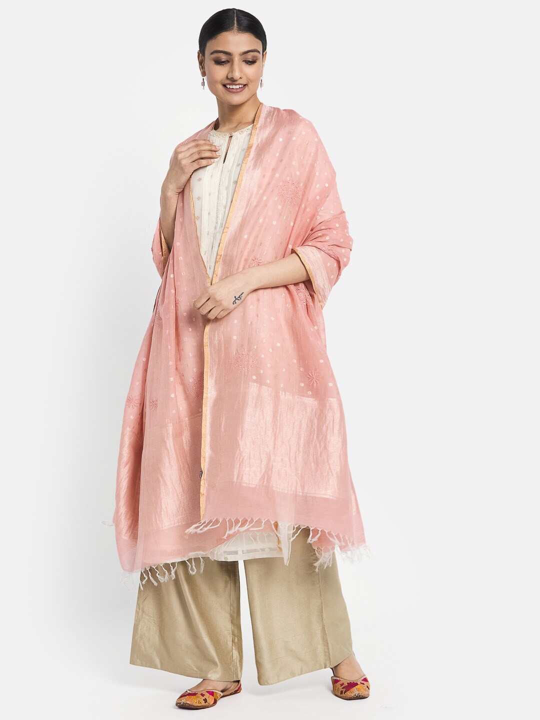 

Fabindia Coral & Beige Embroidered Cotton Silk Dupatta with Thread Work