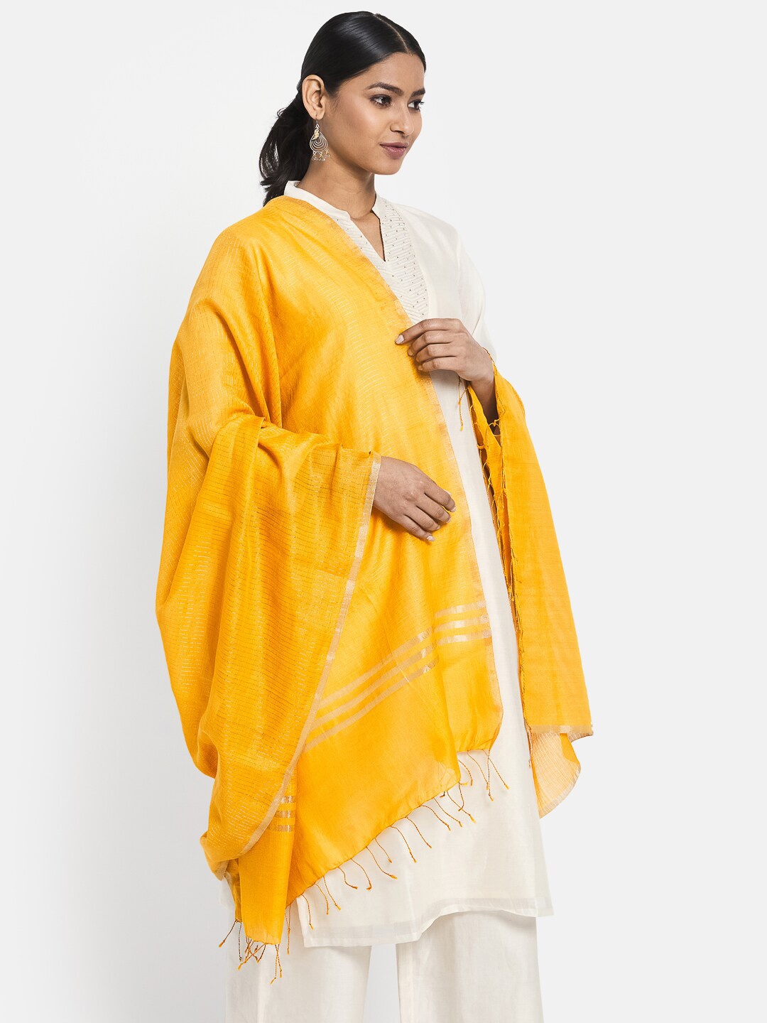 

Fabindia Yellow Woven Design Cotton Silk Dupatta