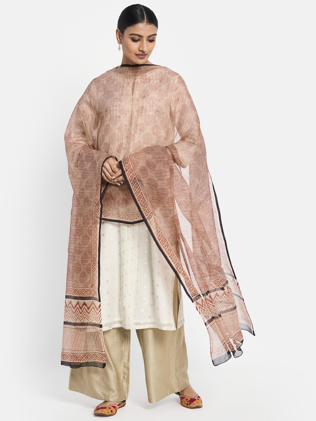

Fabindia Maroon & Cream-Coloured Woven Design Cotton Silk Dupatta