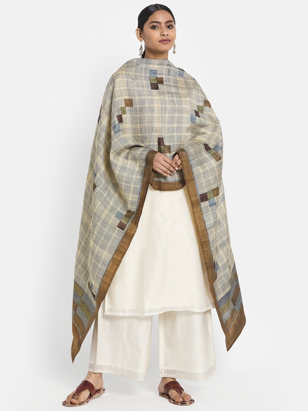 

Fabindia Olive Green & Grey Printed Pure Silk Dupatta