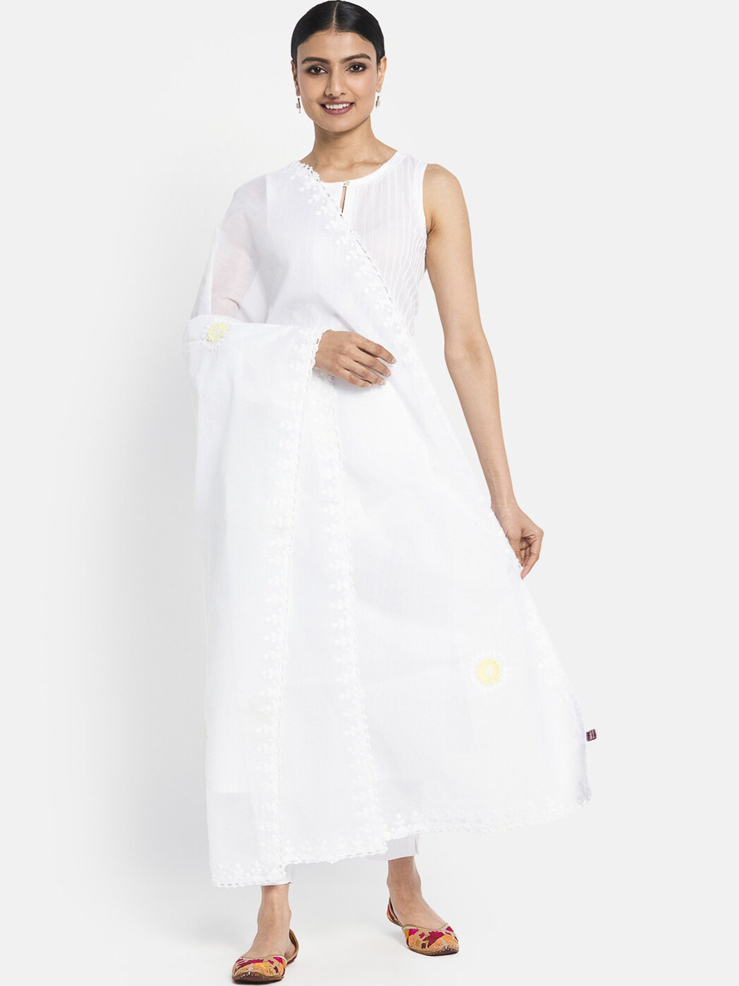 

Fabindia White & Yellow Embroidered Pure Cotton Dupatta with Thread Work