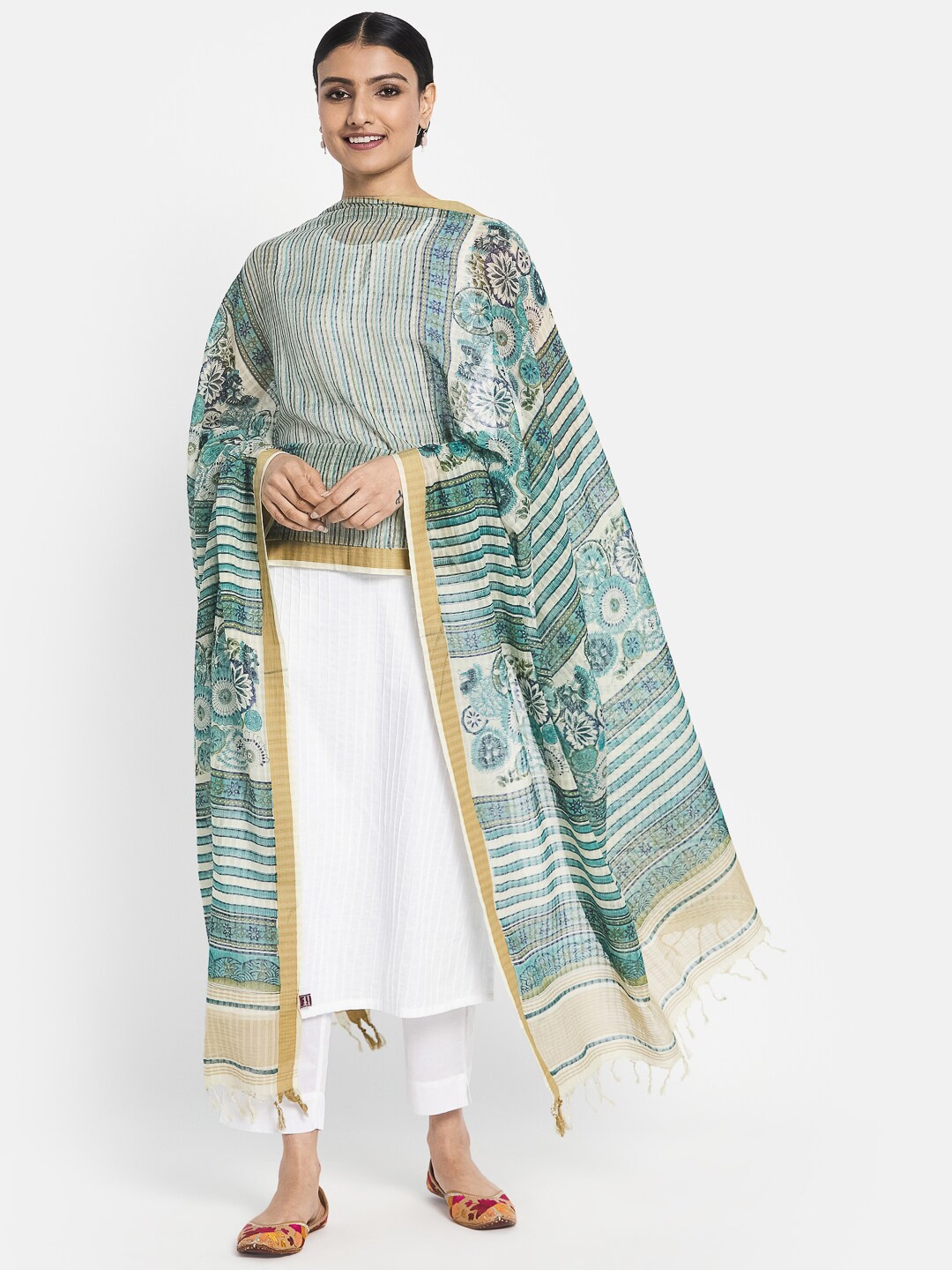 

Fabindia Blue & Beige Woven Design Pure Cotton Dupatta