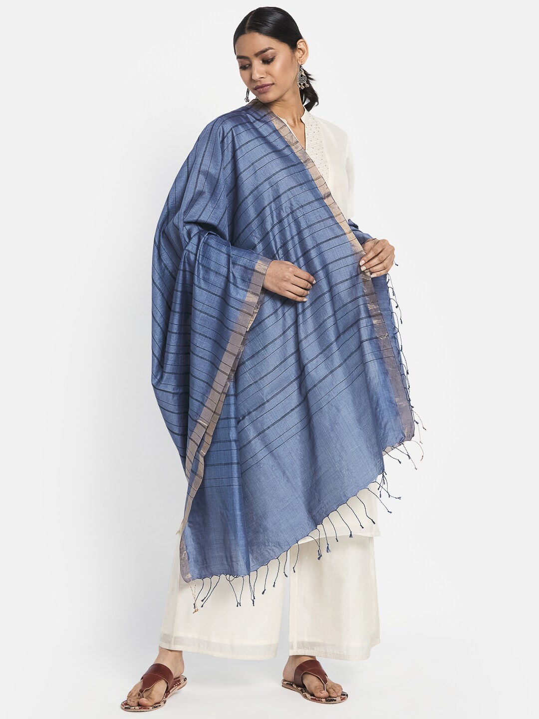 

Fabindia FabBasic Women Blue & Grey Striped Pure Silk Dupatta