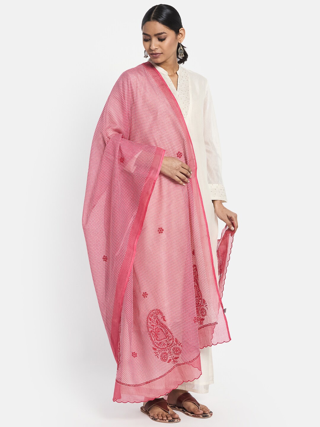 

Fabindia Pink & White Paisley Embroidered Cotton Silk Dupatta with Chikankari Work