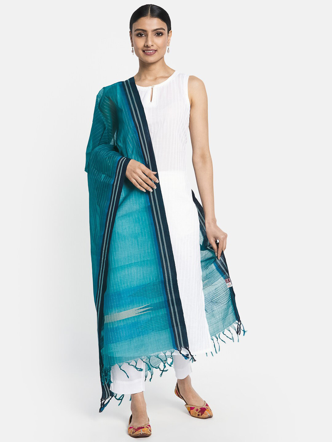 

Fabindia Teal & Black Woven Design Pure Cotton Dupatta
