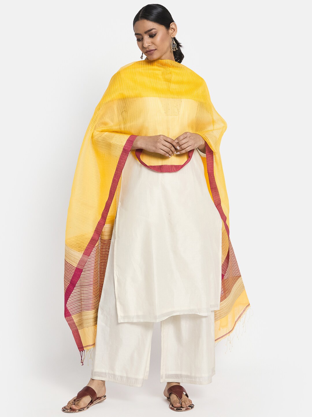 

Fabindia Yellow & Pink Woven Design Striped Cotton Silk Dupatta