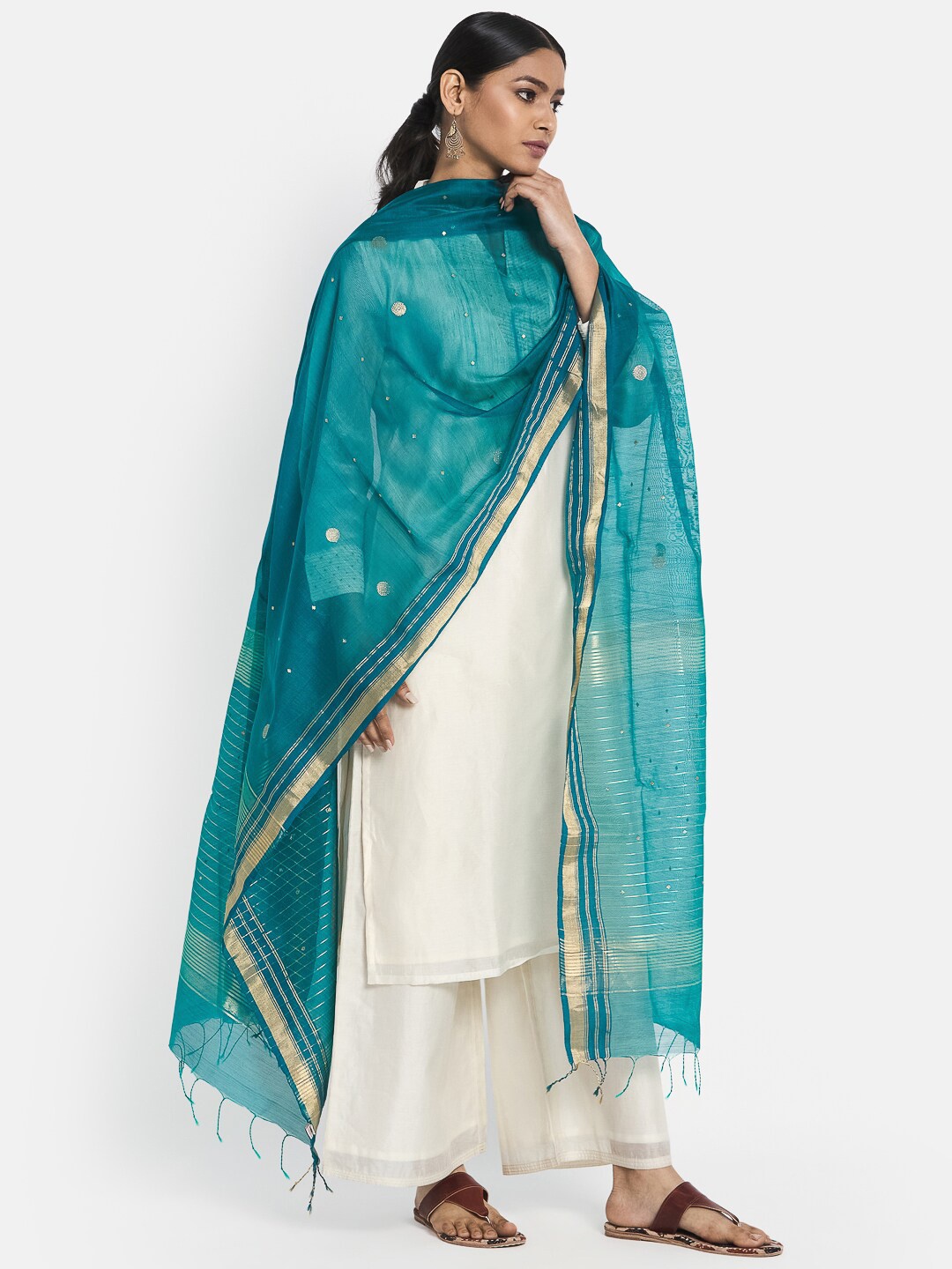 

Fabindia Teal & Gold-Toned Woven Design Cotton Silk Dupatta with Zari