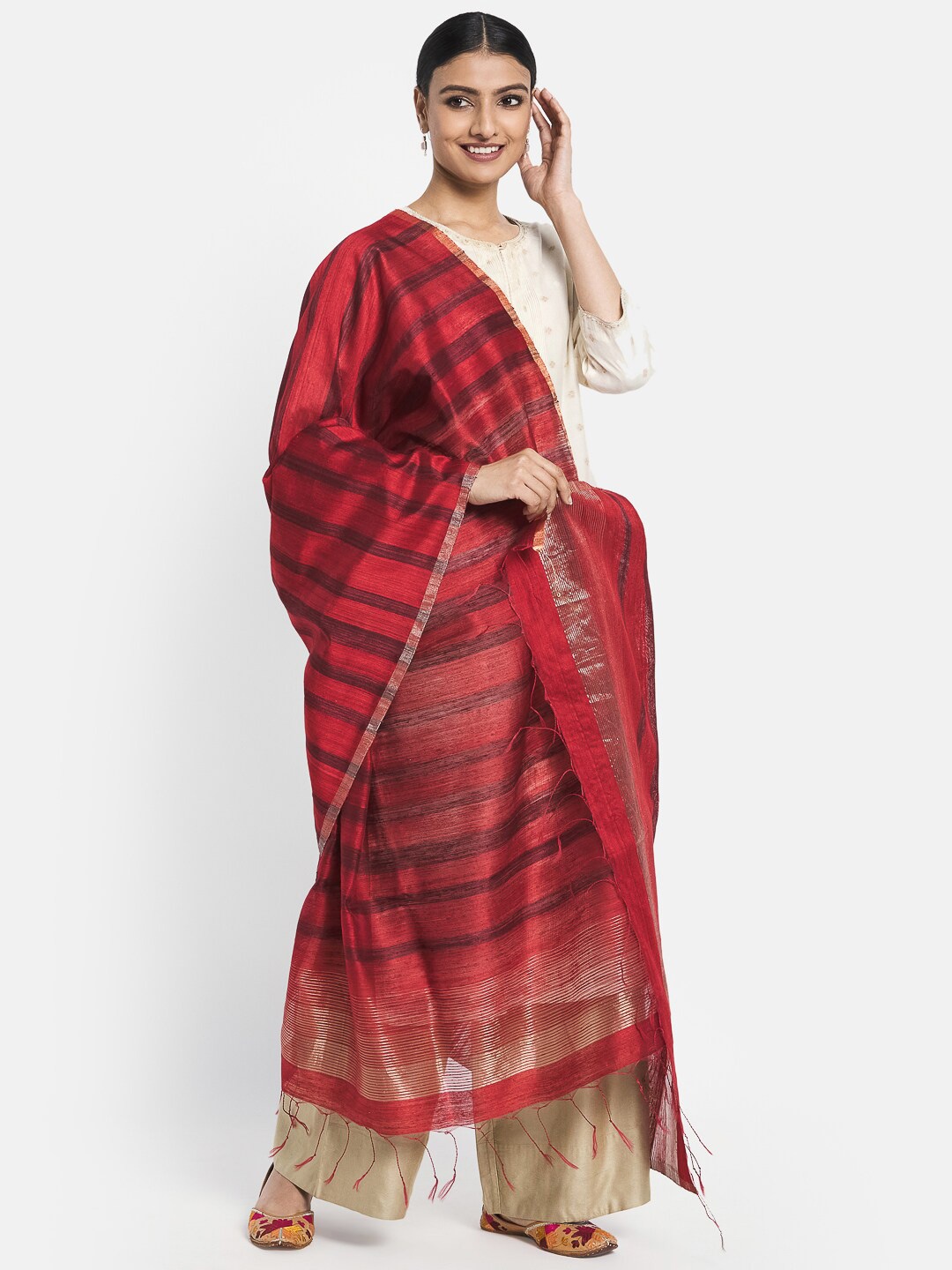 

Fabindia Red & Black Woven Design Pure Silk Dupatta